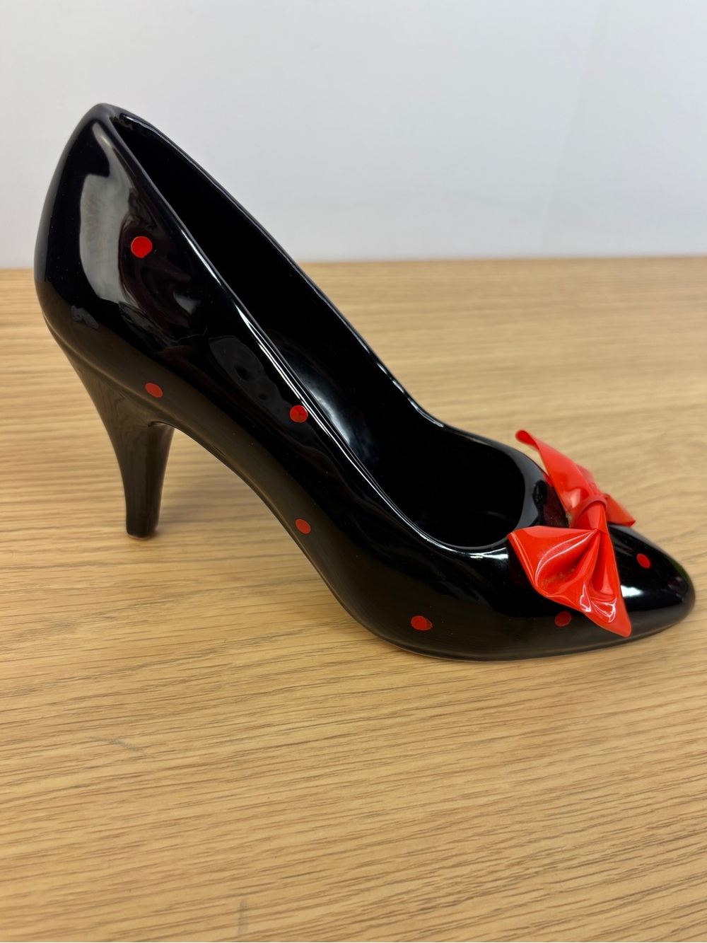 Vintage Enesco Black Ceramic with Patent Red Bow and Red Polka Accents